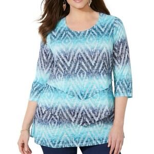 Catherines Aqua Blue Poetry Tiered 3/4 Sleeve Tee Size‎ 4X